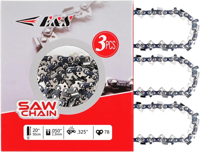 ES 3 Pack 20 Inch Chainsaw Chain .325" Pitch .050" Gauge 78 Drive Links Semi-Chisel Chain Saw Chains for Husqvarna, Poulan, Craftsman, Greenworks and More Chainsaw Brands - Image 1